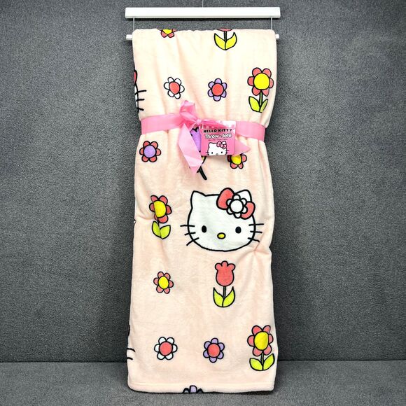 Hello Kitty Blanket Spring Easter Flowers Pink Plush Throw 50" X 70" Sanrio - Picture 1 of 13